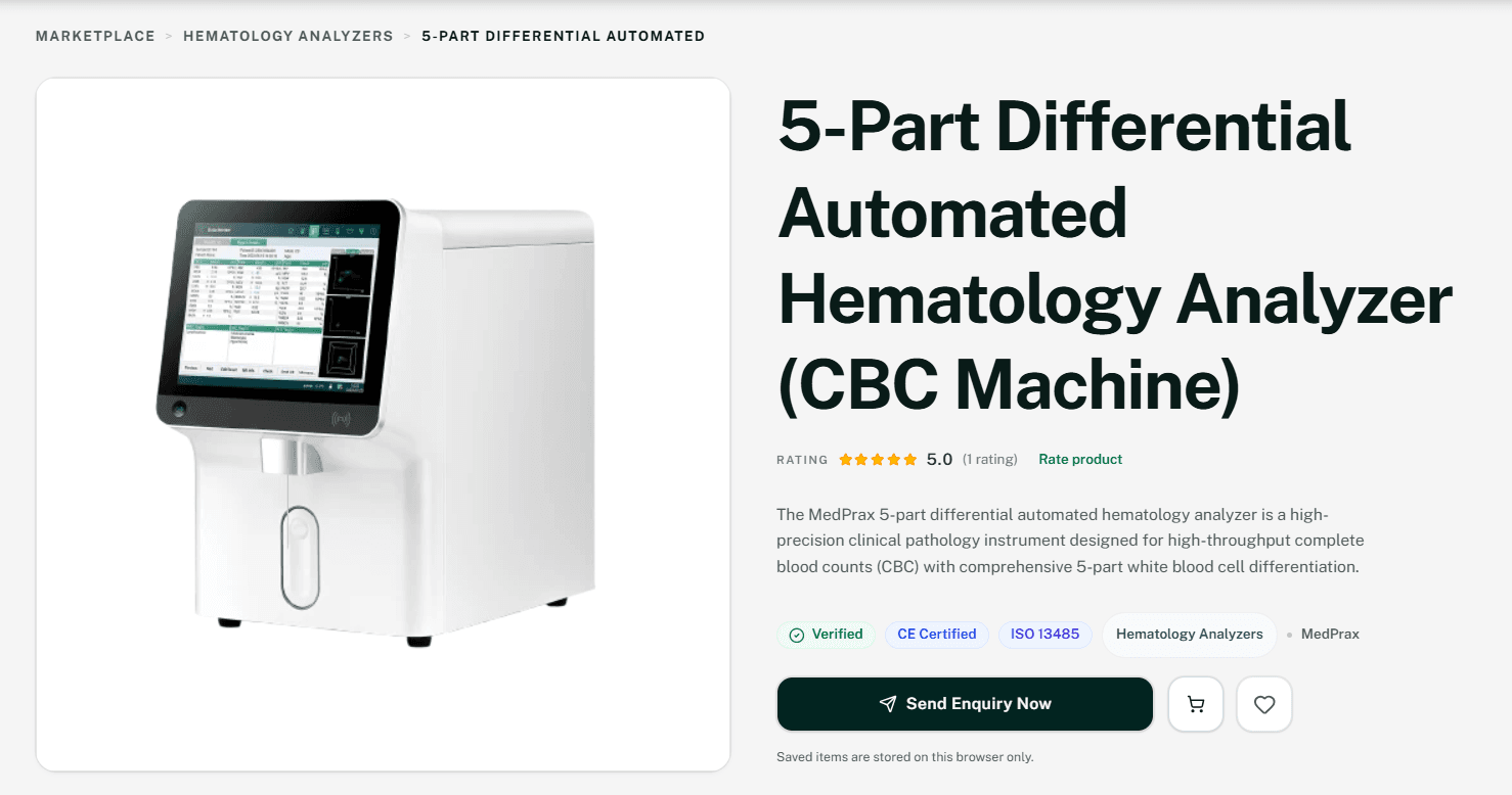 Sample medical device product page listing on MedPrax Market