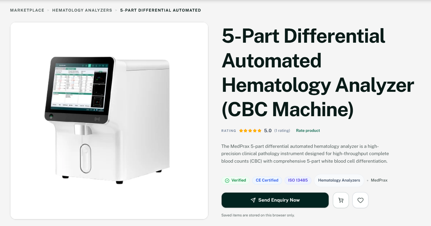 Sample medical device product page listing on MedPrax Market